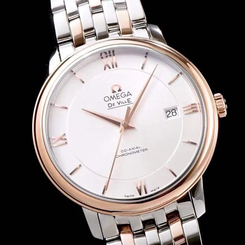 Omega watch disc flying business series men's mechanical ultra-thin watch rose goldsteel bracelet white face detail shots