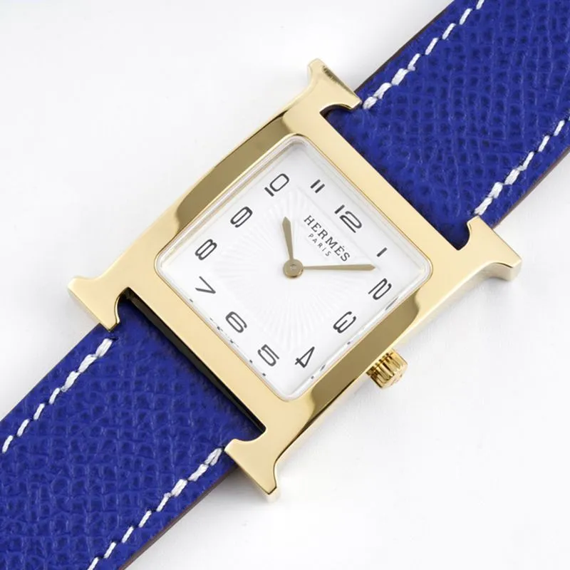 Hermès ladies' watchtop-tiersuper cloneHeureH series quartz square fashion watch blue braceletrose gold plate front view