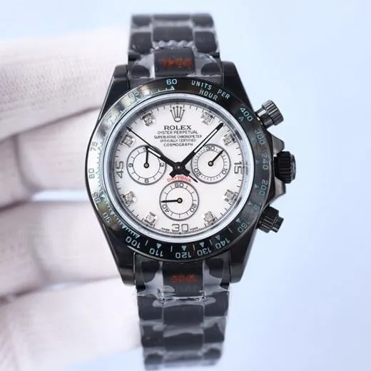 Rolex watch fully automatic movement men's white dialsteel braceletBLAKEN carbon black di front view