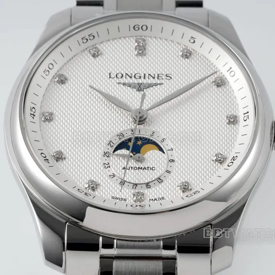 APS factory Longines watchmaking traditional top-tier 1:1super clonesilver dialmoon phasesteel bracelet model L2.909.4.77.6front live photo