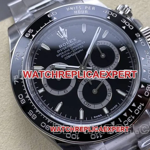 Real-life photos of the front of the ARF Factory Rolex Daytona with a black dial, spade-shaped hands, model 4131, and steel bracelet