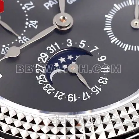 collectible watch complication timepiece V9 FactoryPatek Philippeblack dial leather braceletfront live photo