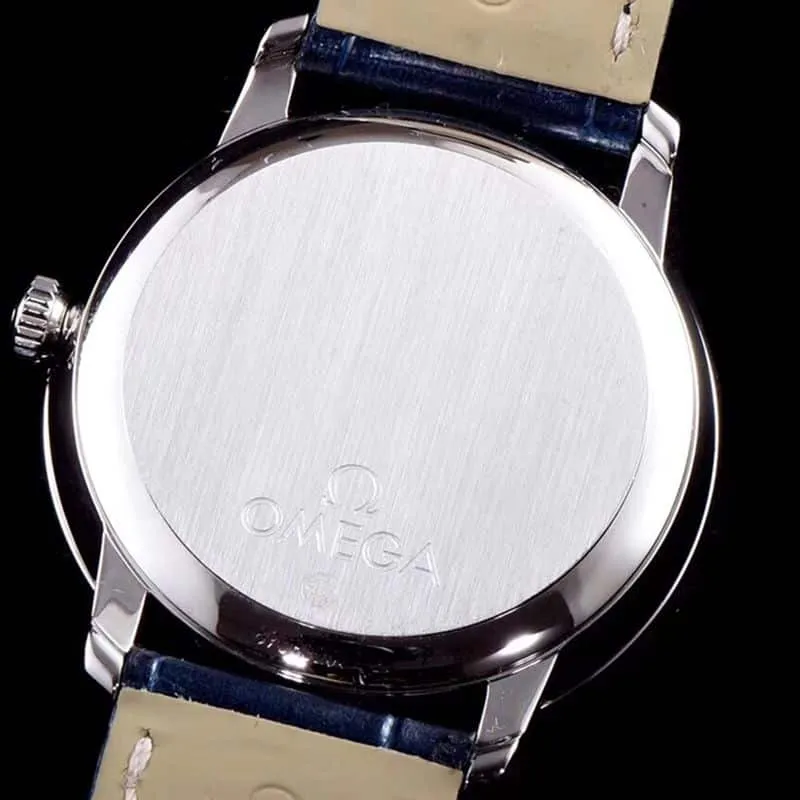 Omegasuper watch disc flying business series men's mechanical ultra-thin watch blue leather blue face detail shots