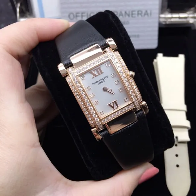 AW factory real diamond replicaPatek Philippewhite dial black belt ladies' watch front view
