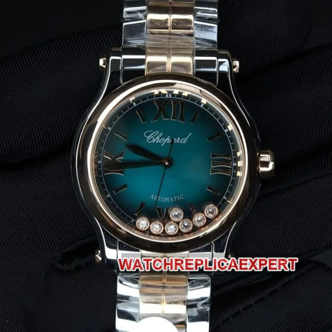 YF factory Chopardtop-tier watch ladies blue dial gold belt happy diamond automatic movement front view