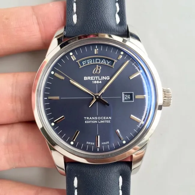 V7 factory top-tier Breitling watch men's blue dial blue belt mechanical transoceanic series Day-Date type leather strap watch front view