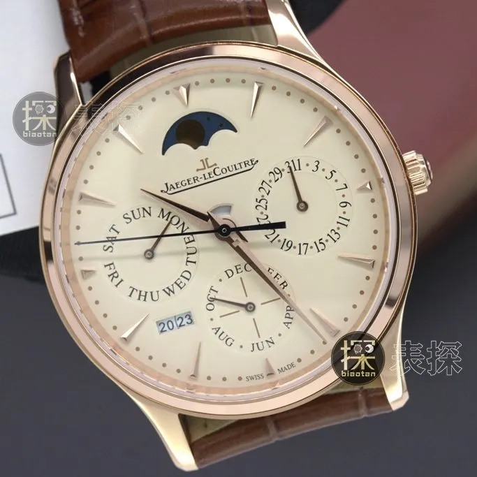 J Perpetual Calendar Jaeger-LeCoultre watch rose goldchronograph brown leather bracelet front view
