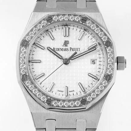 8F factory Audemars Piguettop-tierhigh-quality watch women's white dial 34mm automatic movement Royal Oaksteel bracelet watch front view