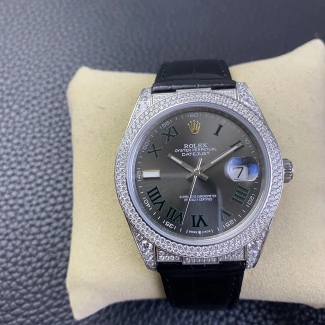 top-tier watch Rolex men's black dial black belt Datejust series fully automatic movementleather strap watch side view