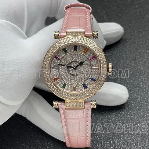 Frank Muller quartztop-tier watch ABF factory diamond plate gold diamond bezel pink leather braceletfront live photo