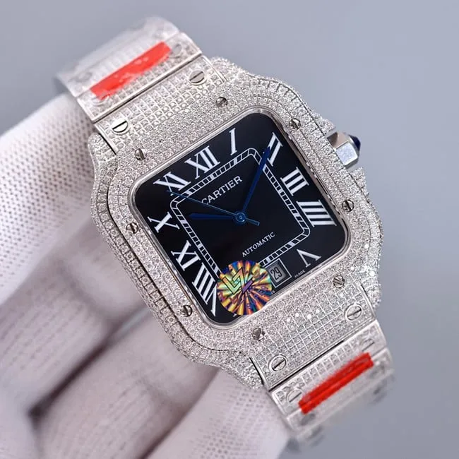 top-tier real diamond replicaCartier Santos baby's breath black dial watch side view