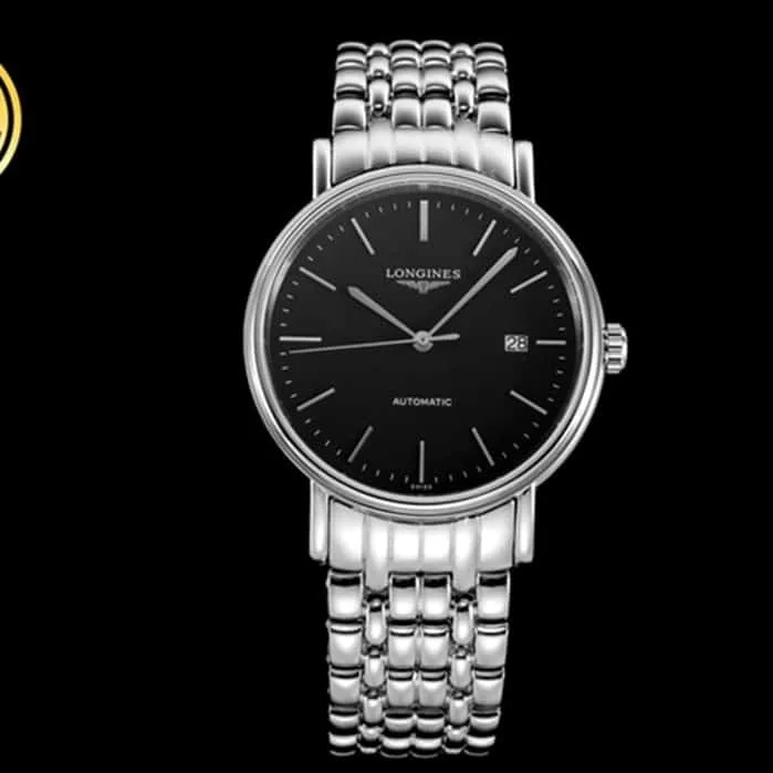 top-tier watch Longines men's black dialsteel bracelet magnificent series watch front view