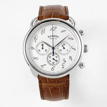 top-tier Hermès men's white dial brown belt retro quartzleather strap watch front view