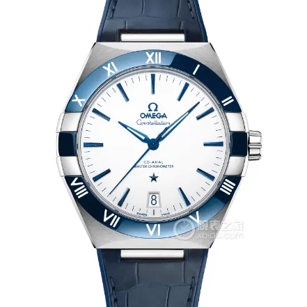 VS fifth generation constellation Omega1:1replica watch hoop white diallumechronograph blue leather bracelet front view