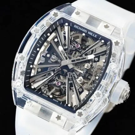 High-quality Richard Mille white steel reproduces the extraordinary sports quality generation legend RM12-01 tourbillonsapphire crystal transparent version front view