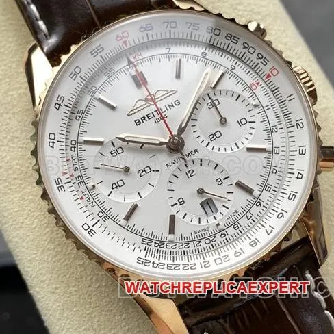 collectible watch aviation chronograph BLS factory Breitlingrose goldwhite dialleather strap model front live photo