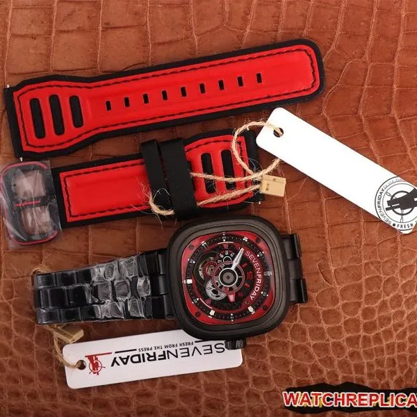 watch seven day display five red and black colors lead the trend SEVENFRIDAY/automatic movementmen's watch Swiss steel bracelet large dial all black front view