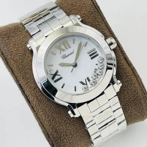 YF factory top-tier watch ChopardHAPPY DIAMONDS series white steel bracelet diamond ladies watch front view