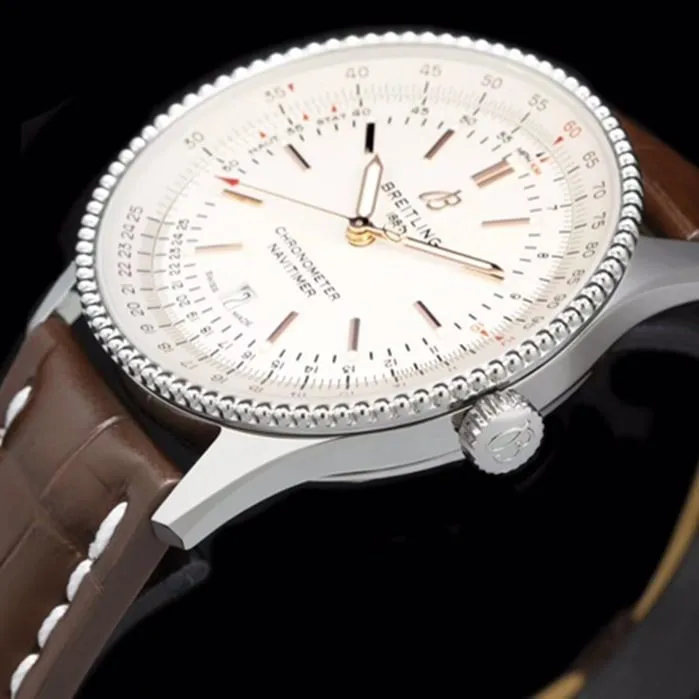 top-tier watch Breitling men's white dial aviation chronograph1 series leather strap watch clasp picture