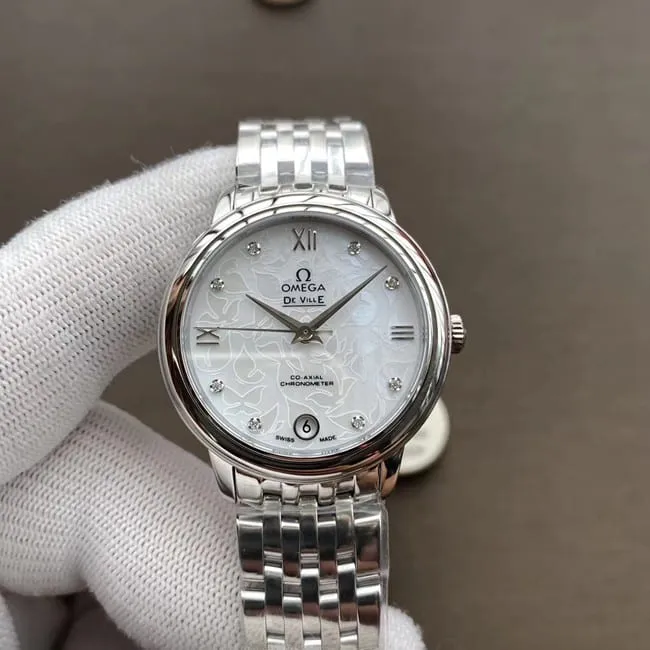 top-tier watch Omega women's white dialsteel bracelet Diefei series watch front view