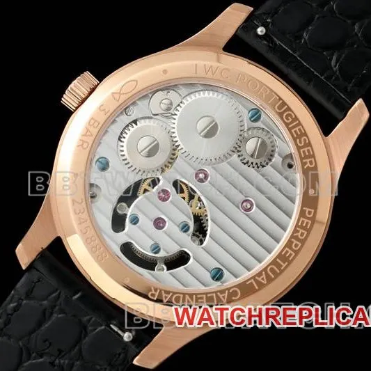 IWC1:1replica watch RMS factory Portugal black dialrose goldtourbillon mechanical leather strap model front live photo