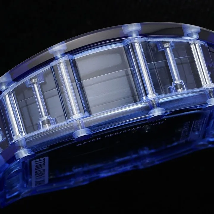 Richard Mille men's top-tier 1:1high-quality watch blue transparent hollow plate blue rubber model RM35-01side live photo