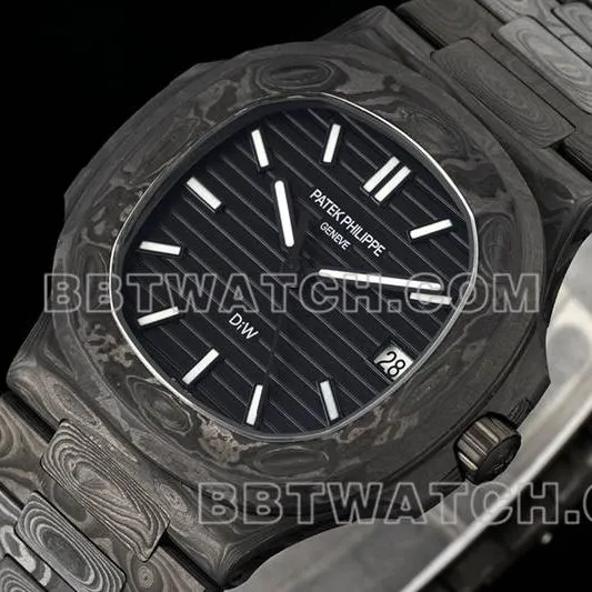 Patek Philippe1:1replica watch DIW factory Nautilusblack dial carbon fiber mechanical black steel bracelet model 5711front live photo