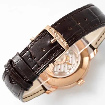 Blancpaintop-tier watch classic series manual winding mechanical men's white dial brown belt watch front view