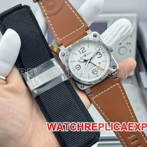 1:1replica watch Bell & Ross white dial 42mm dual time zone leather strap model front live photo