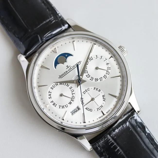 TW factory Jaeger-LeCoultre perpetual calendar top-tier watch men's black dial black belt master series fully automatic movementleather strap watch front view