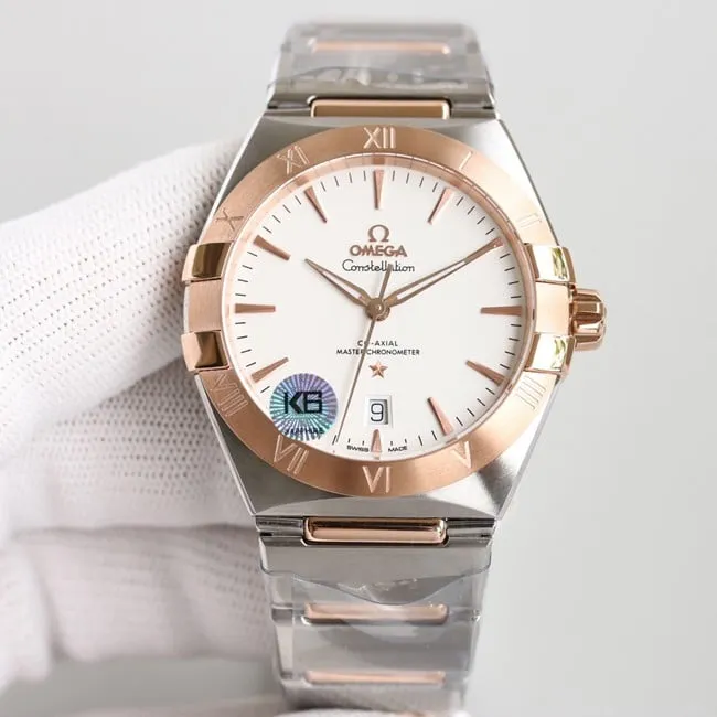 top-tier replicaOmega fifth generation constellation series white dialrose gold silver steel bracelet men's watch front view