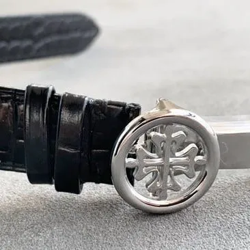 top-tier watch Patek Philippe men's white dial black belt super complex function chronograph series leather strap watch front view