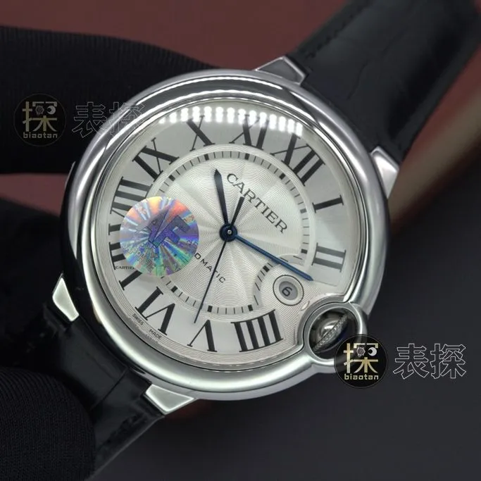 af factory blue balloon Cartier1:1replica watch white dial black leather bracelet front view