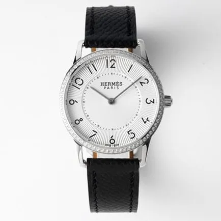 top-tier Hermès women's white dial black belt quartz watch front view