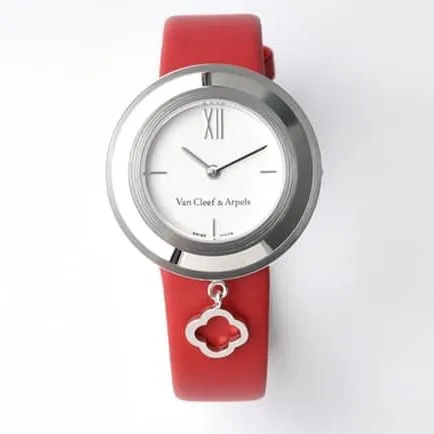top-tier Van Cleef & Arpels women's white dial red band Charms Gold watch quartzleather strap watch front view