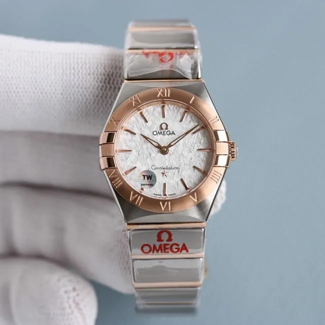 TW factory Omega women's watch white dialsteel bracelet constellation series quartz front view