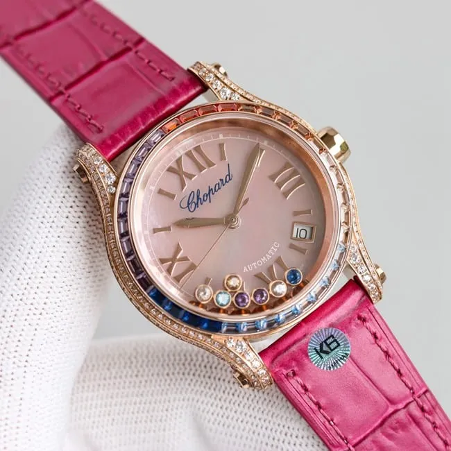 top-tier replicaChopardsuper clonechopard Happy Sport series ladies pink plate pink belt automatic movementleather strap watch detail shots