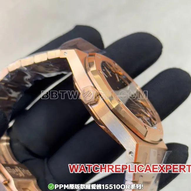 watch PPM factory Royal Oak Audemars Piguet black dial rose gold steel band front real shot photo