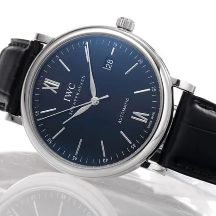 V7 factory IWC top-tier watch men's blue dial black belt disc mechanical wave fino series leather strap watch back cover picture