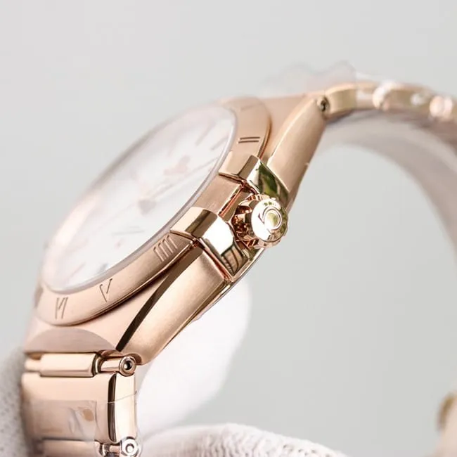 top-tier replicaOmega fifth generation constellation series white dialrose gold silver steel bracelet men's watch front view
