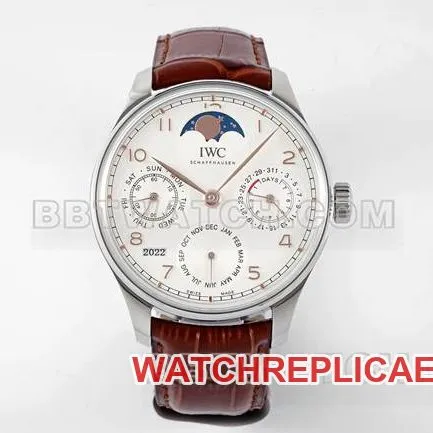 collectible watch APS factory Portugal IWC perpetual calendar white dial brown braceletfront live photo