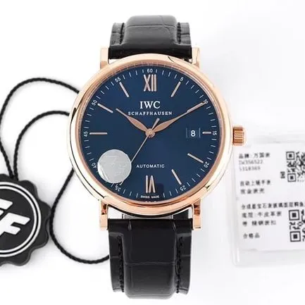 ZF Factorytop-tier watch IWC men's automatic movementleather strapblue dial black belt Portofino series watch front view