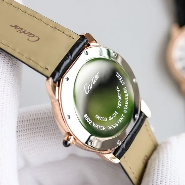 top-tier replicaCartierhigh-quality watch London series couple white dial black belt quartzleather strap front view