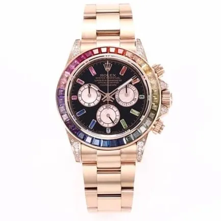 top-tier replicaRolex men's black dialrose gold with new Daytona rainbow automatic movement watch front view