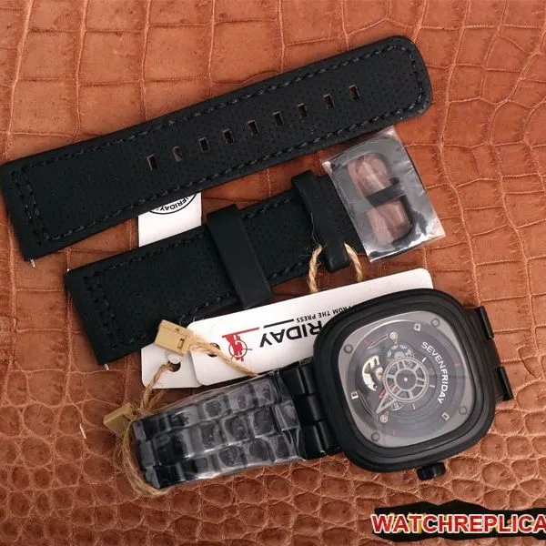 watch seven day display five SEVENFRIDAY/automatic movementmen's watch Swiss steel bracelet large dial all black side view