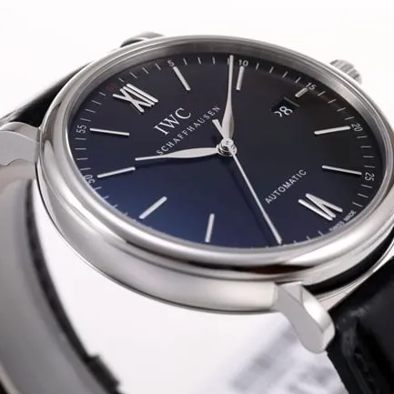 V7 factory IWC top-tier watch men's blue dial black belt disc mechanical wave fino series leather strap watch front view
