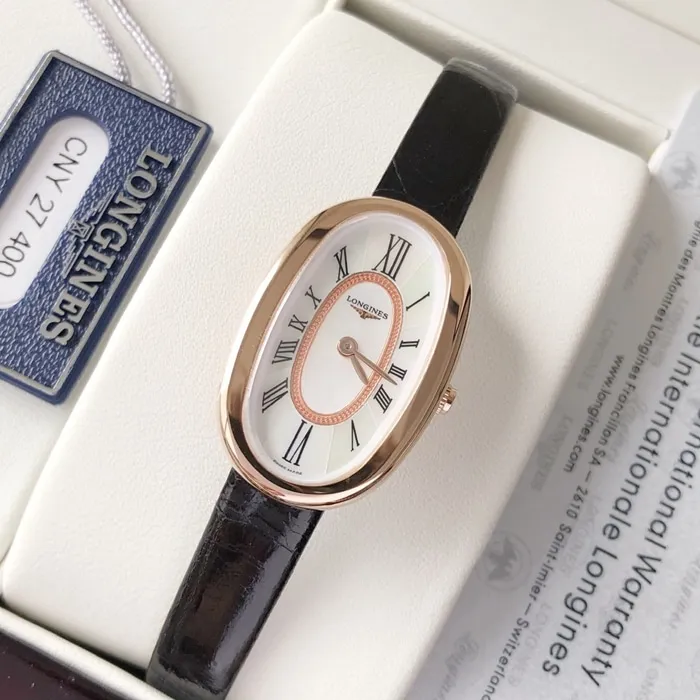 Original top-tier watch Longines women's white dial black belt waltz series casual watch front view