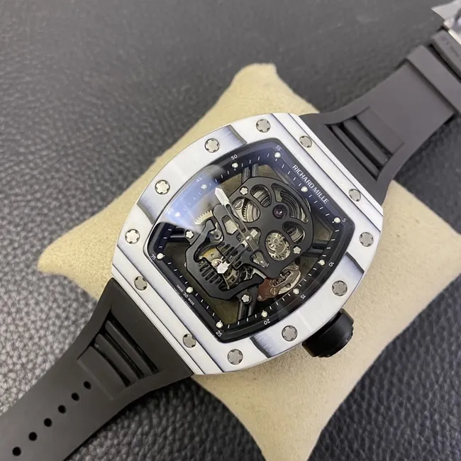 JB factory top-tier watch Richard Mille skull real tourbillon automatic movement men's black dialrubber strap watch front view