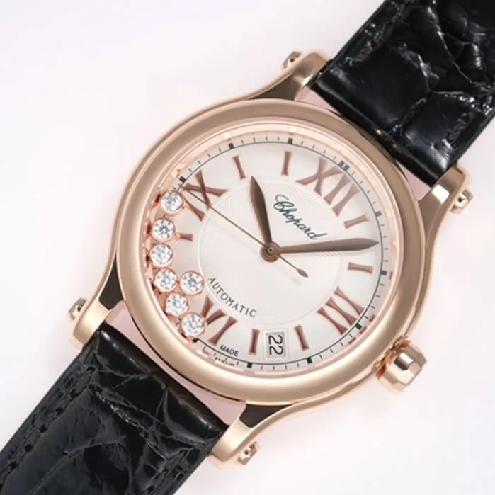 Top collectible watches Chopard Women's White Plate Black Strap Happy Diamonds Collection Watch Movement Diagrams