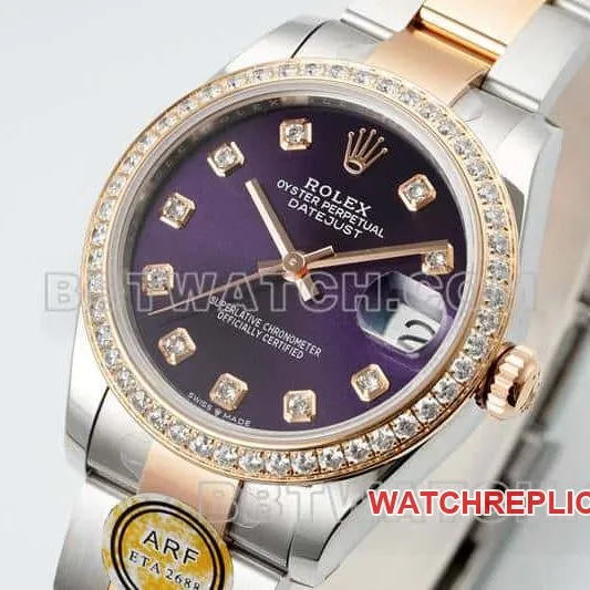 ARF FactoryRolex log 1:1top-tier purple disc diamond bezel31mm gold three-lattice chain link278381front live photo